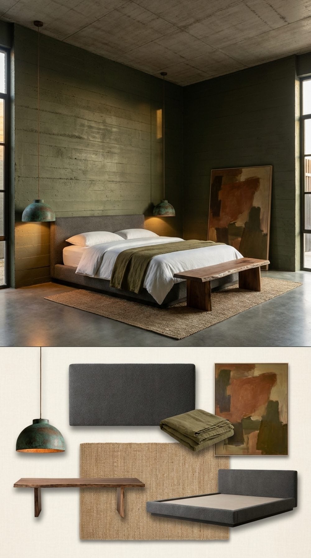 Brutalist-Inspired Master in Olive Green, Raw Concrete, and Oxidized Copper