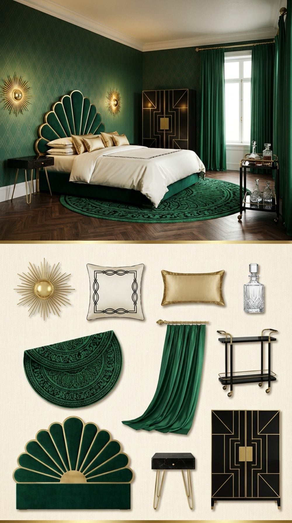 Art Deco Master Suite in Emerald Green, Onyx, and Polished Brass