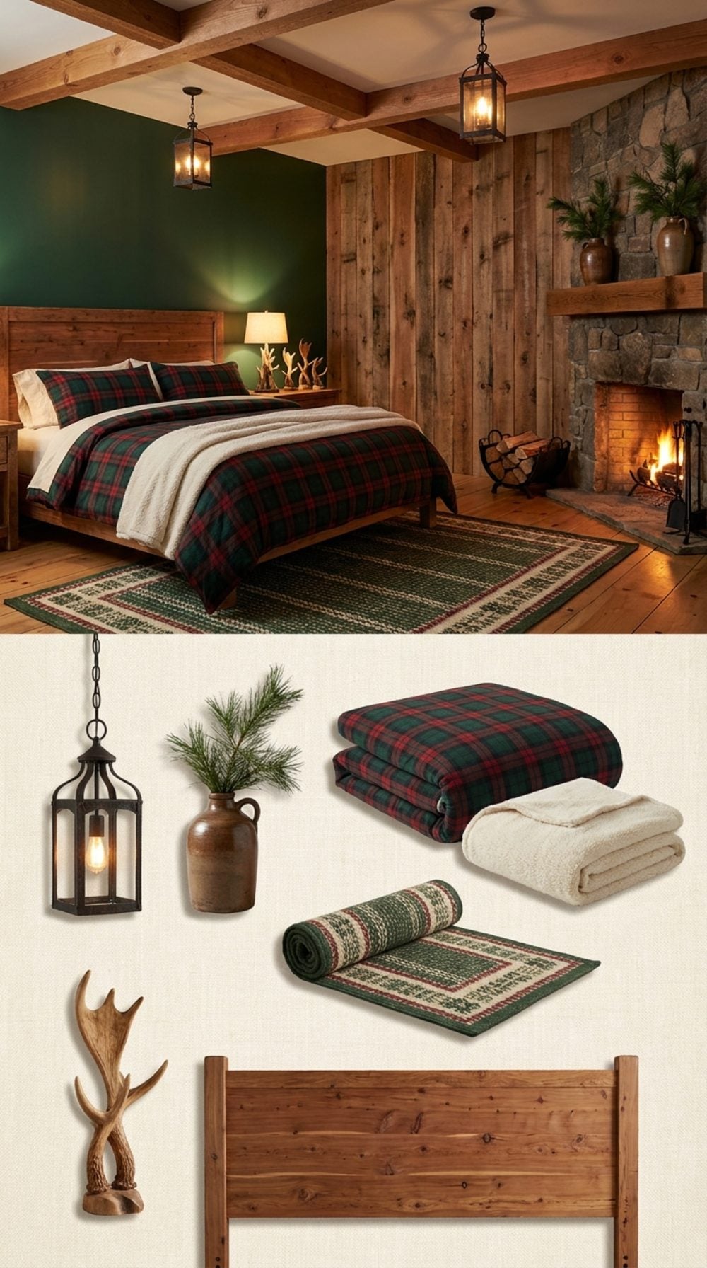 Mountain Lodge Bedroom in Forest Green, Reclaimed Cedar, and Buffalo Plaid