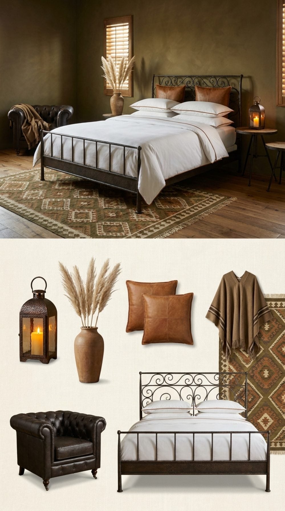 Argentinian Estancia Bedroom in Dark Olive, Rawhide Leather, and Hand-Hammered Iron