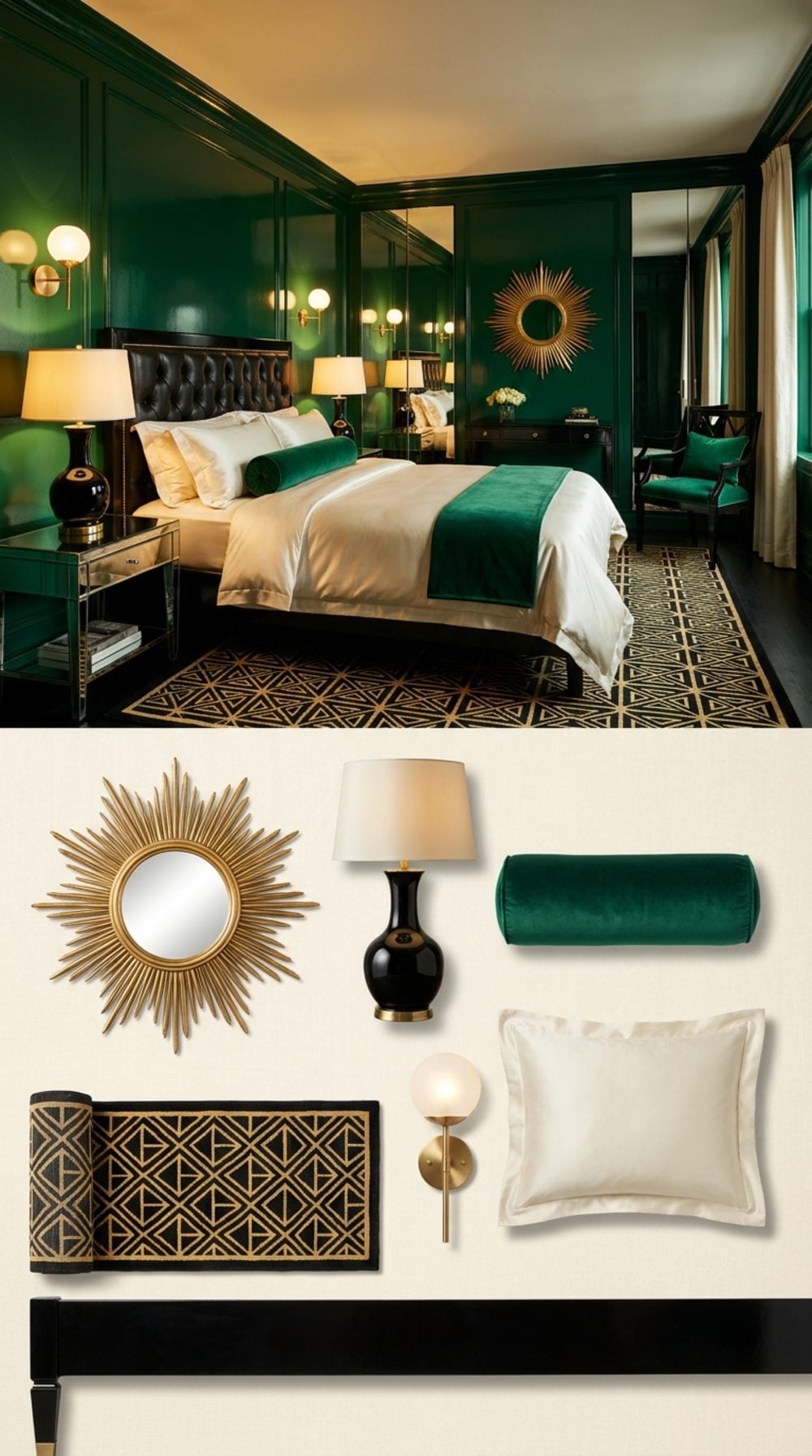 Moody Hollywood Regency Bedroom in Emerald, Mirrored Glass, and Black Lacquer