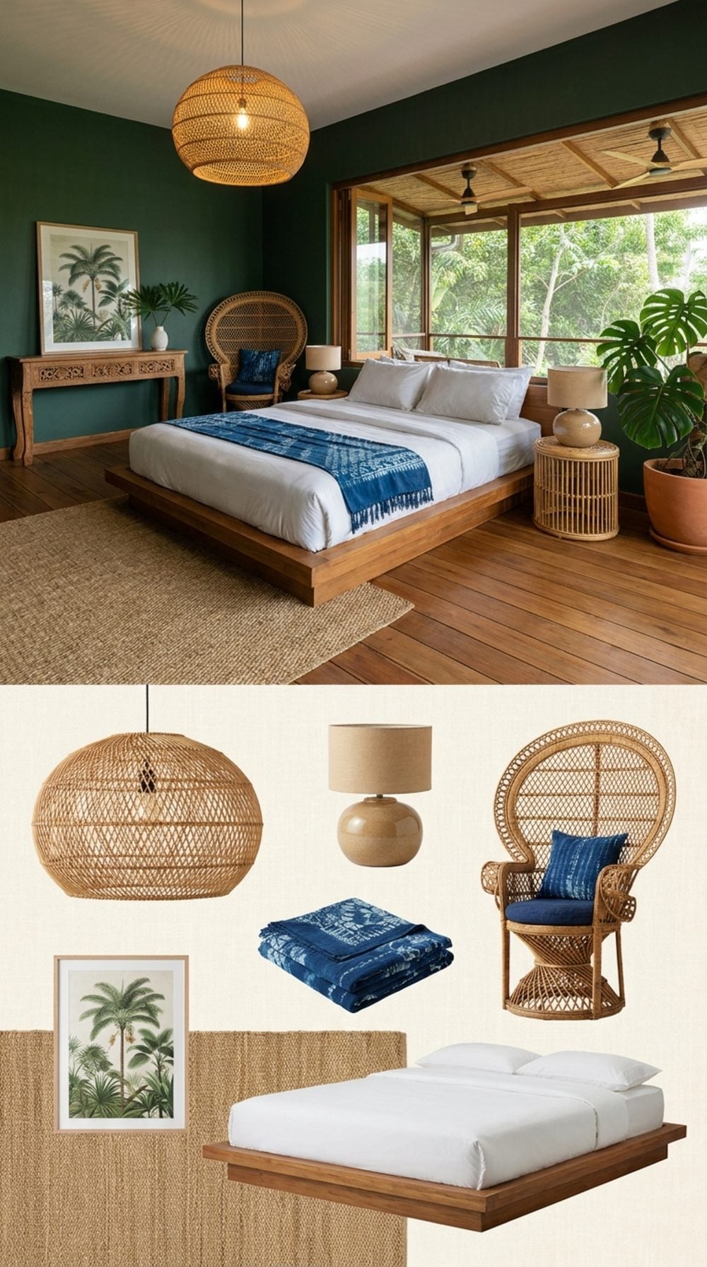 Tropical Modernist Retreat in Jungle Green, Rattan, and Batik Indigo