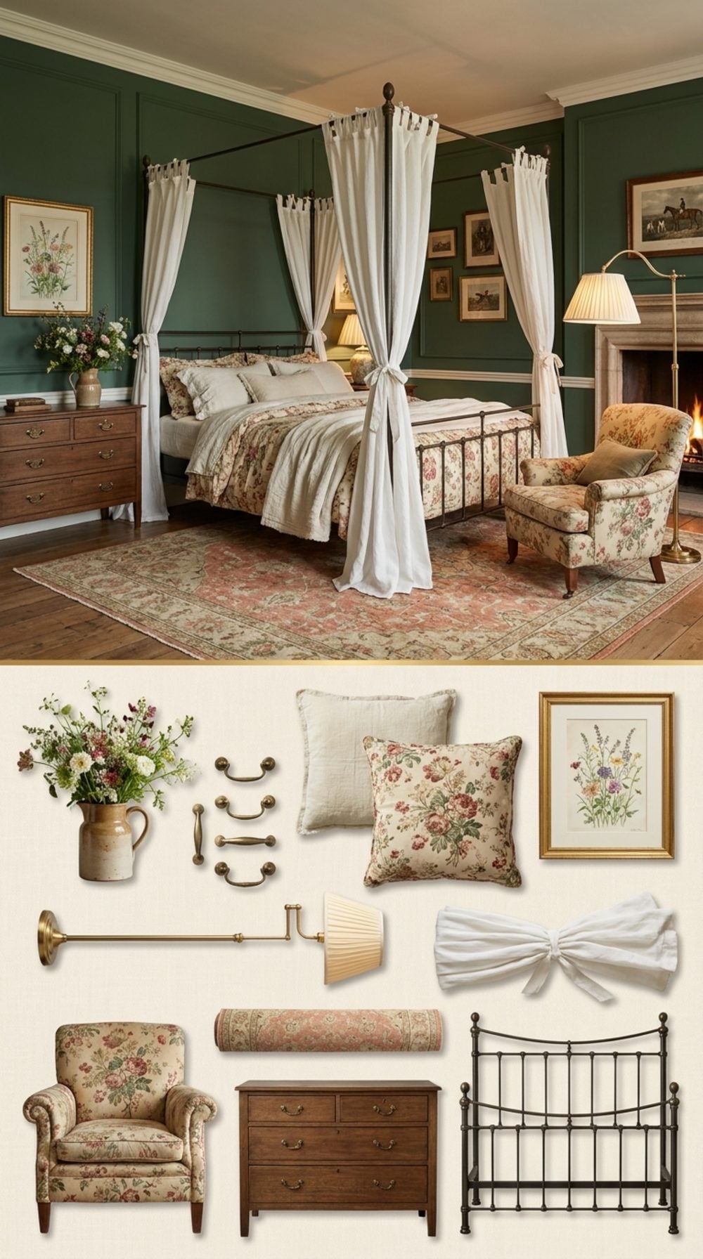 English Country House Bedroom Where Bottle Green Meets Faded Chintz and Worn Linen