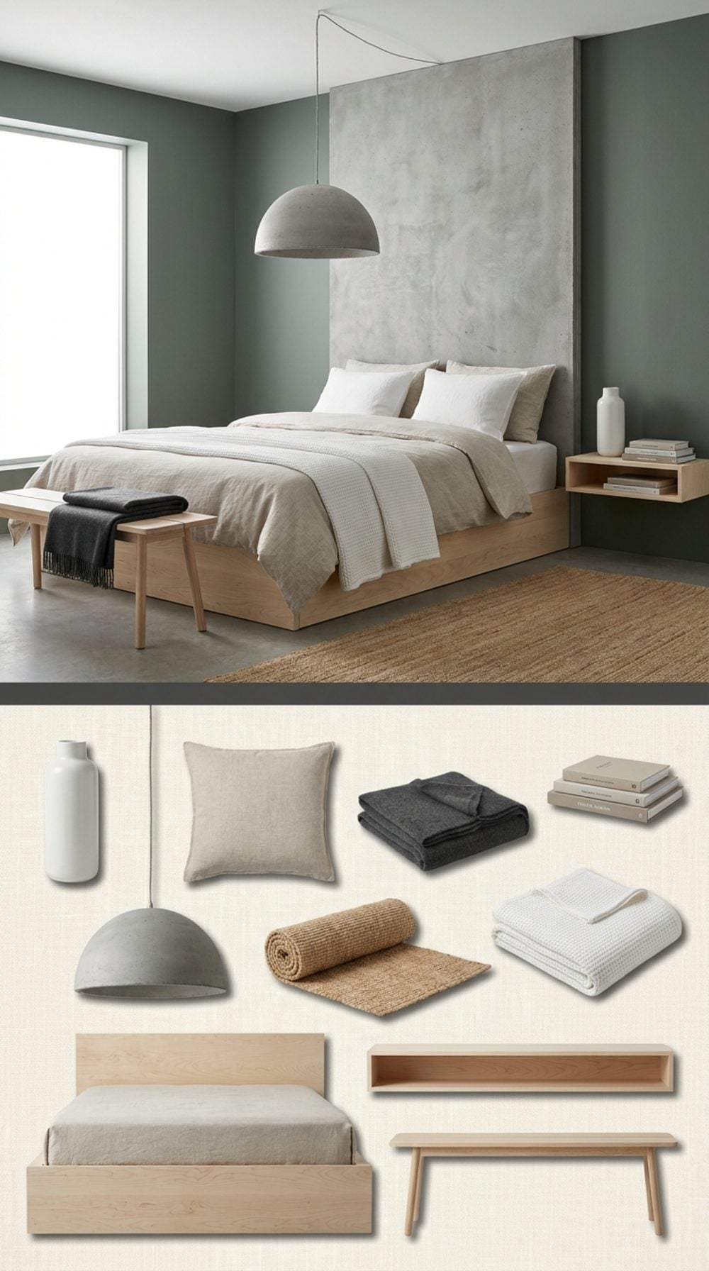 Minimalist Scandinavian Bedroom in Deep Sage and Pale Birch with Concrete Accents