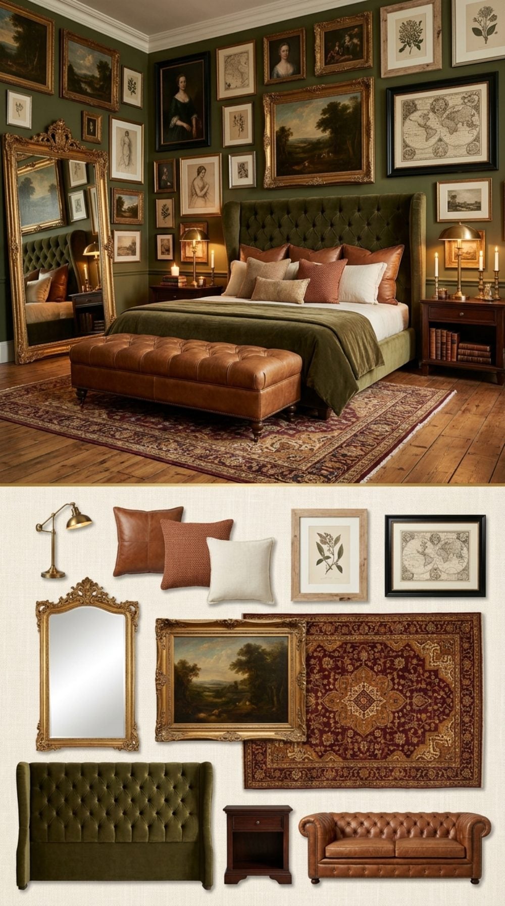 Maximalist Eclectic Retreat Where Dark Olive Walls Anchor a Salon-Style Gallery