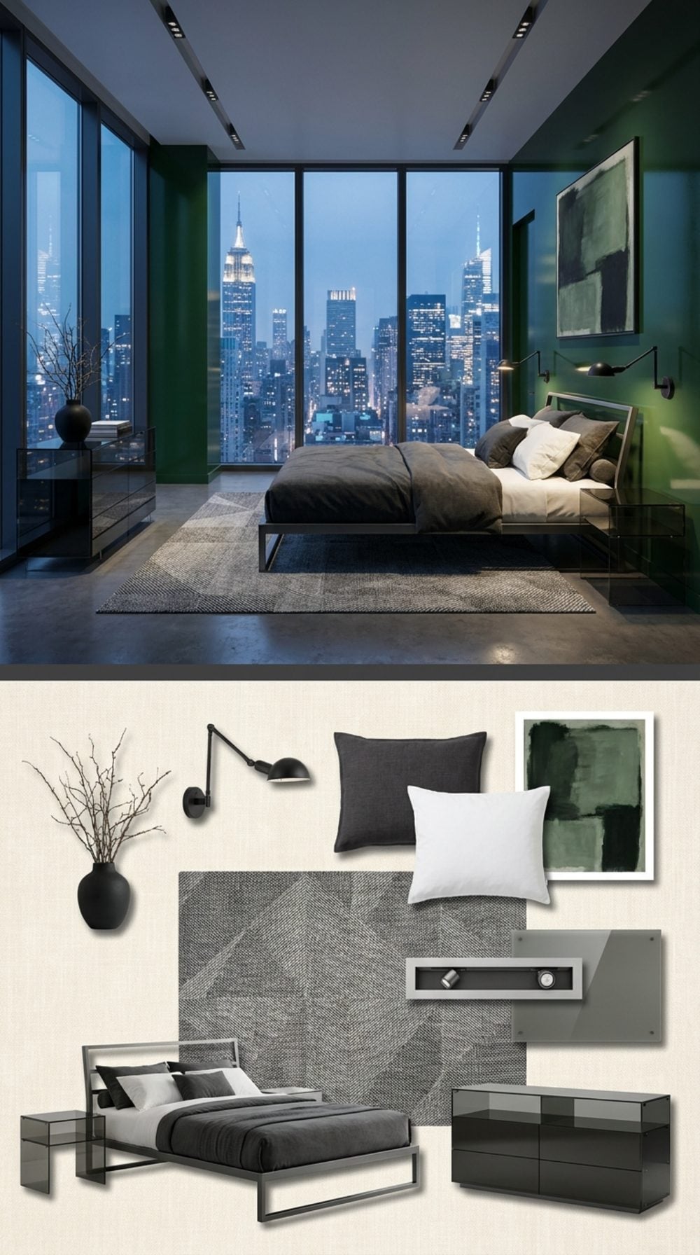 New York Penthouse Bedroom in Racing Green, Smoked Glass, and Gunmetal Steel