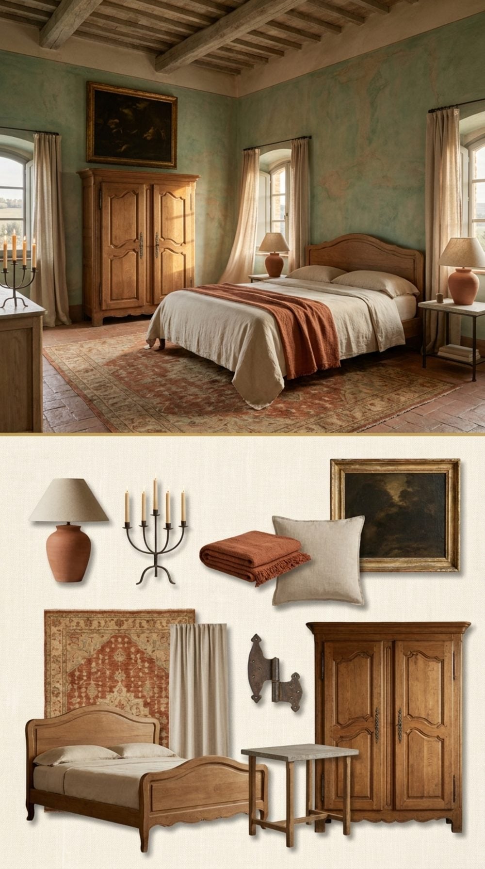 Tuscan Villa Bedroom Where Faded Verdigris Walls Meet Terracotta, Linen, and Carved Oak