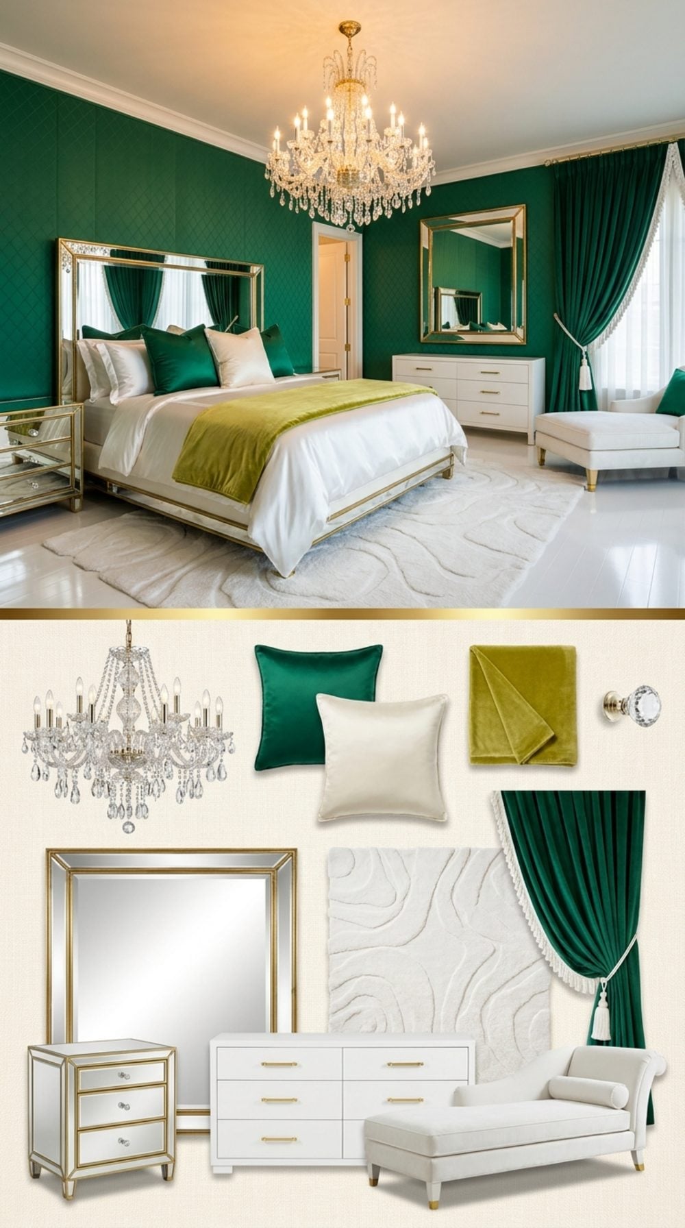 Hollywood Regency Bedroom in Jewel Green, White Lacquer, and Mirrored Surfaces