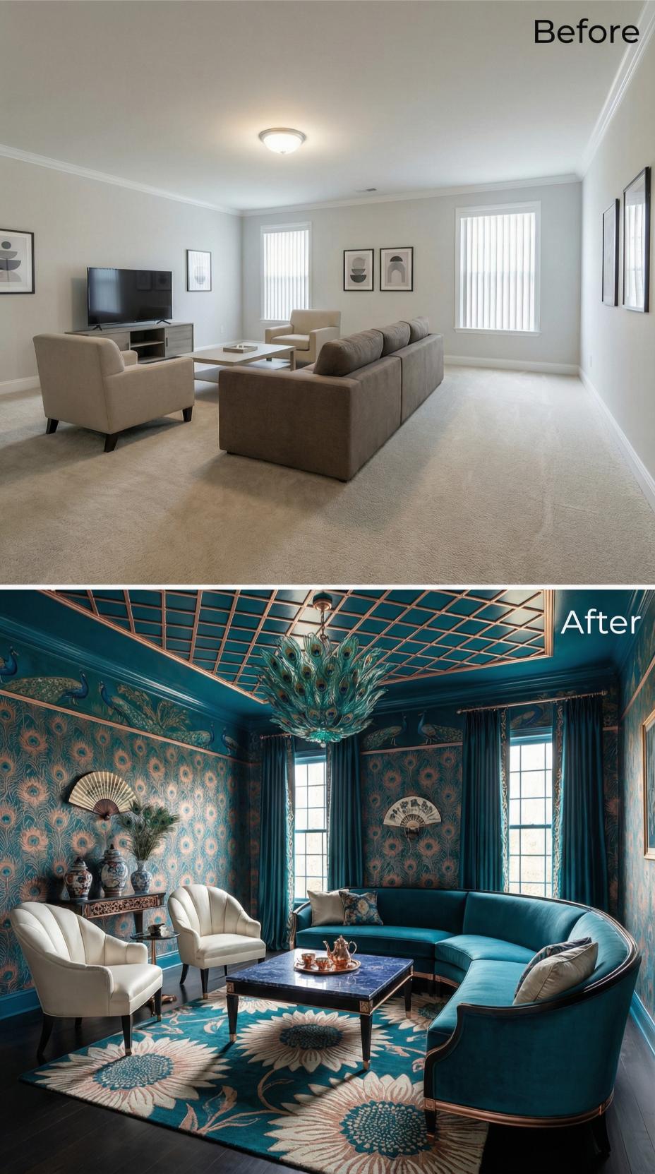 Peacock Feather Wallpaper and a Teal Velvet Sectional Finished the Beige Conversation