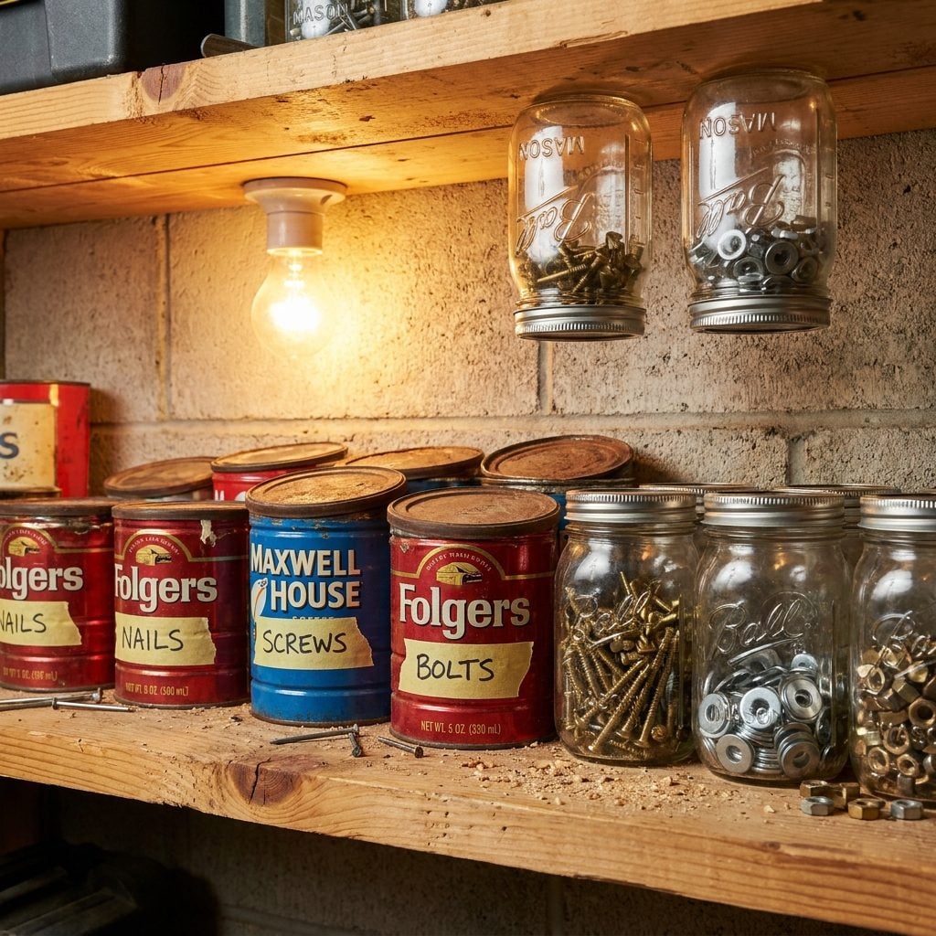 Coffee Cans and Mason Jars Full of Sorted Nails, Screws, and Mystery Hardware
