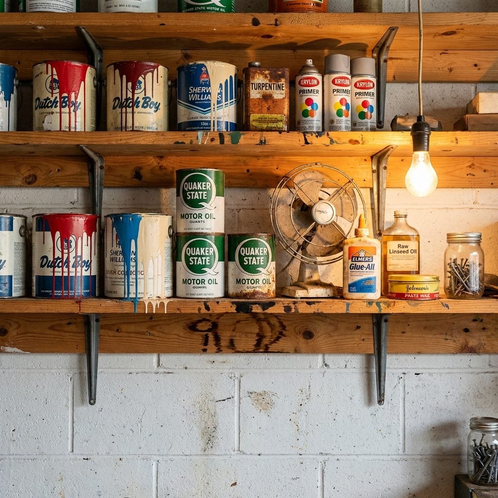 Wall-Mounted Shelves Holding Every Can of Paint, Motor Oil, and Turpentine You'd Ever Need