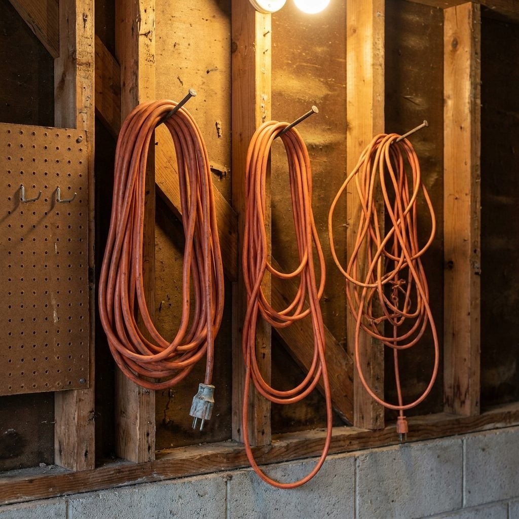 Extension Cords Coiled on Nails Like Bright Orange Snakes Waiting for Saturday