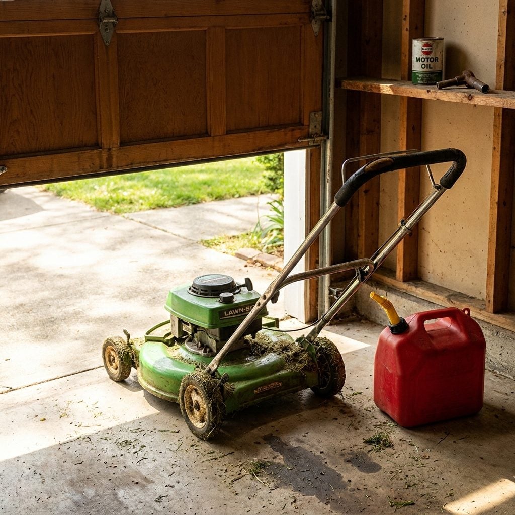 The Lawn-Boy or Toro Push Mower Parked Right by the Door, Trailing the Smell of Cut Grass and Gasoline