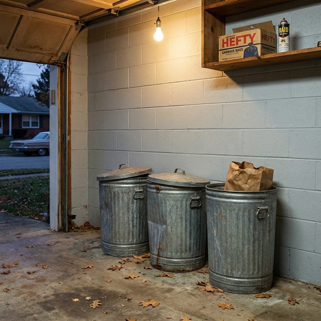 Galvanized Metal Trash Cans Lined Up Against the Wall Like Soldiers