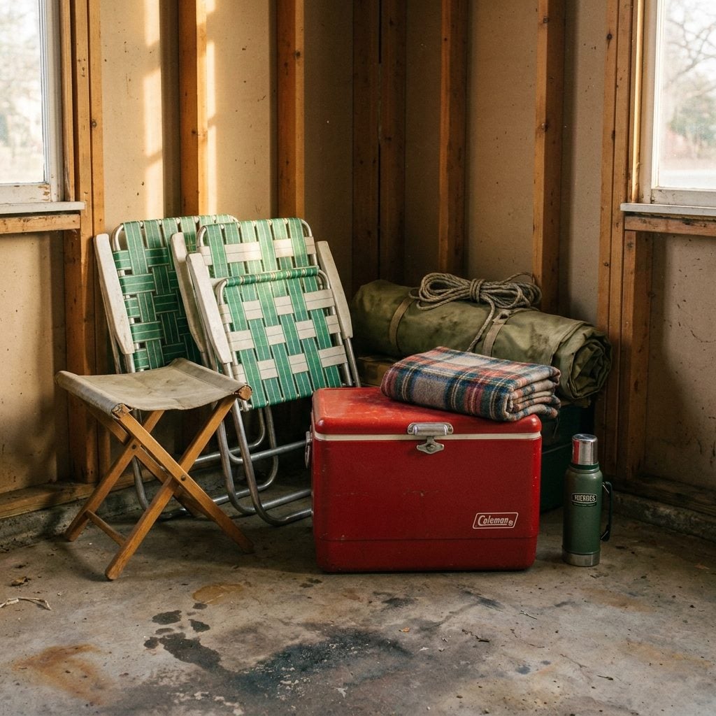 Folding Chairs, Canvas Camp Stools, and a Coleman Cooler Ready for Saturday at All Times