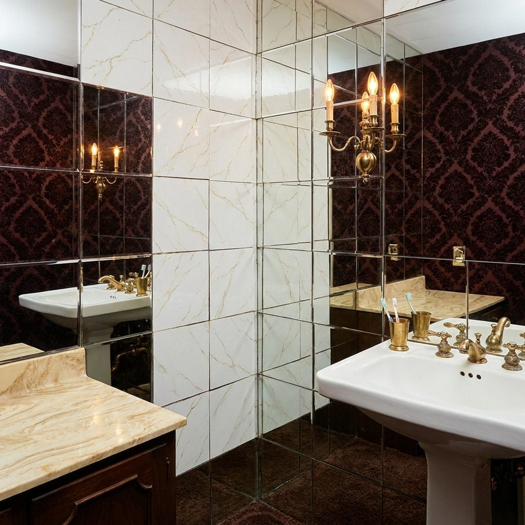 Gold-Veined Mirror Tiles Glued Directly to the Wall Like That Was Fine