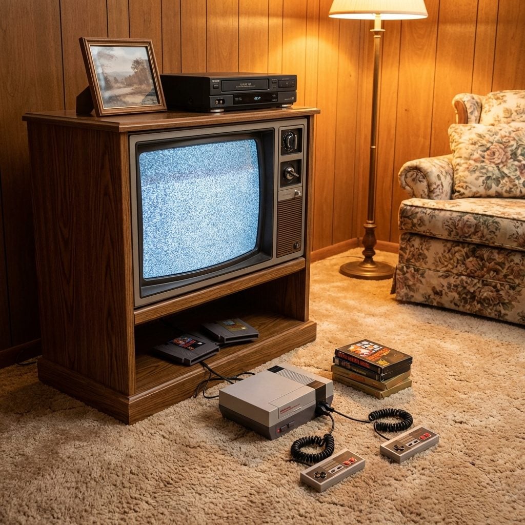 The Atari or Early Nintendo Console Parked Under the TV