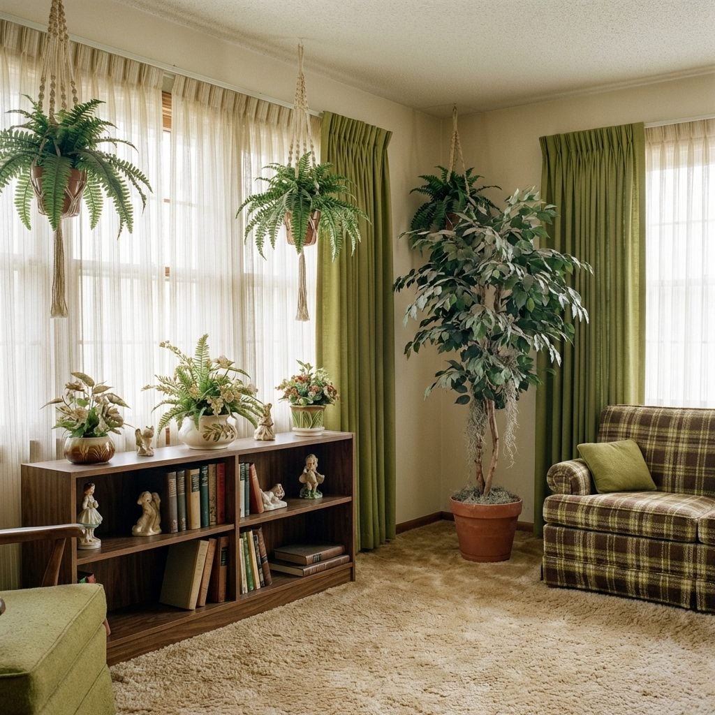 Fake Plants and Hanging Silk Ferns Draped in Every Corner