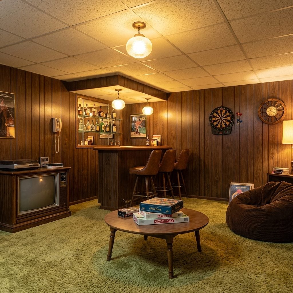 The Basement Rec Room With Wood Paneling and a Bar Nobody Asked For