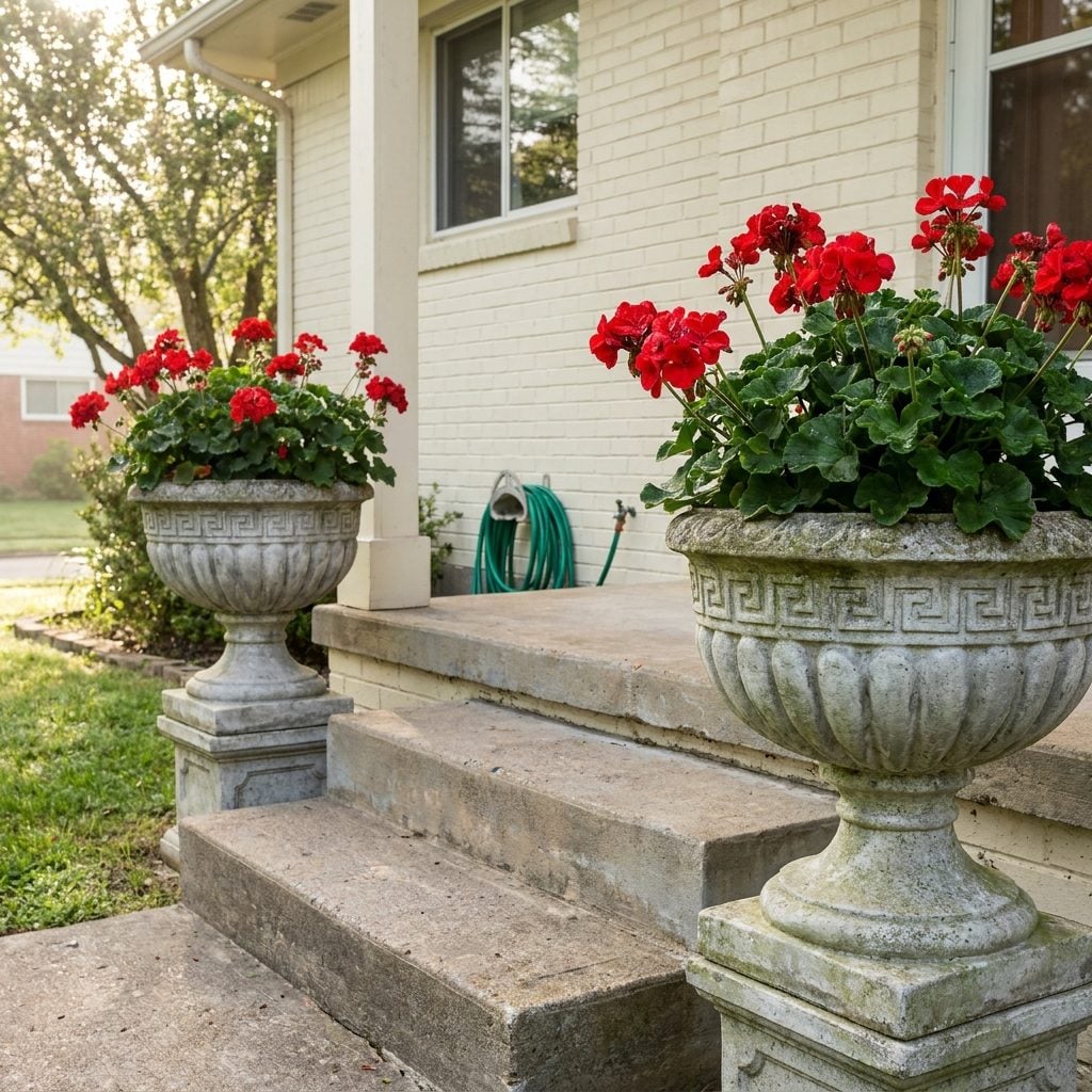 Concrete Urn Planters Filled With Geraniums, the Official Flower of Every Porch in America