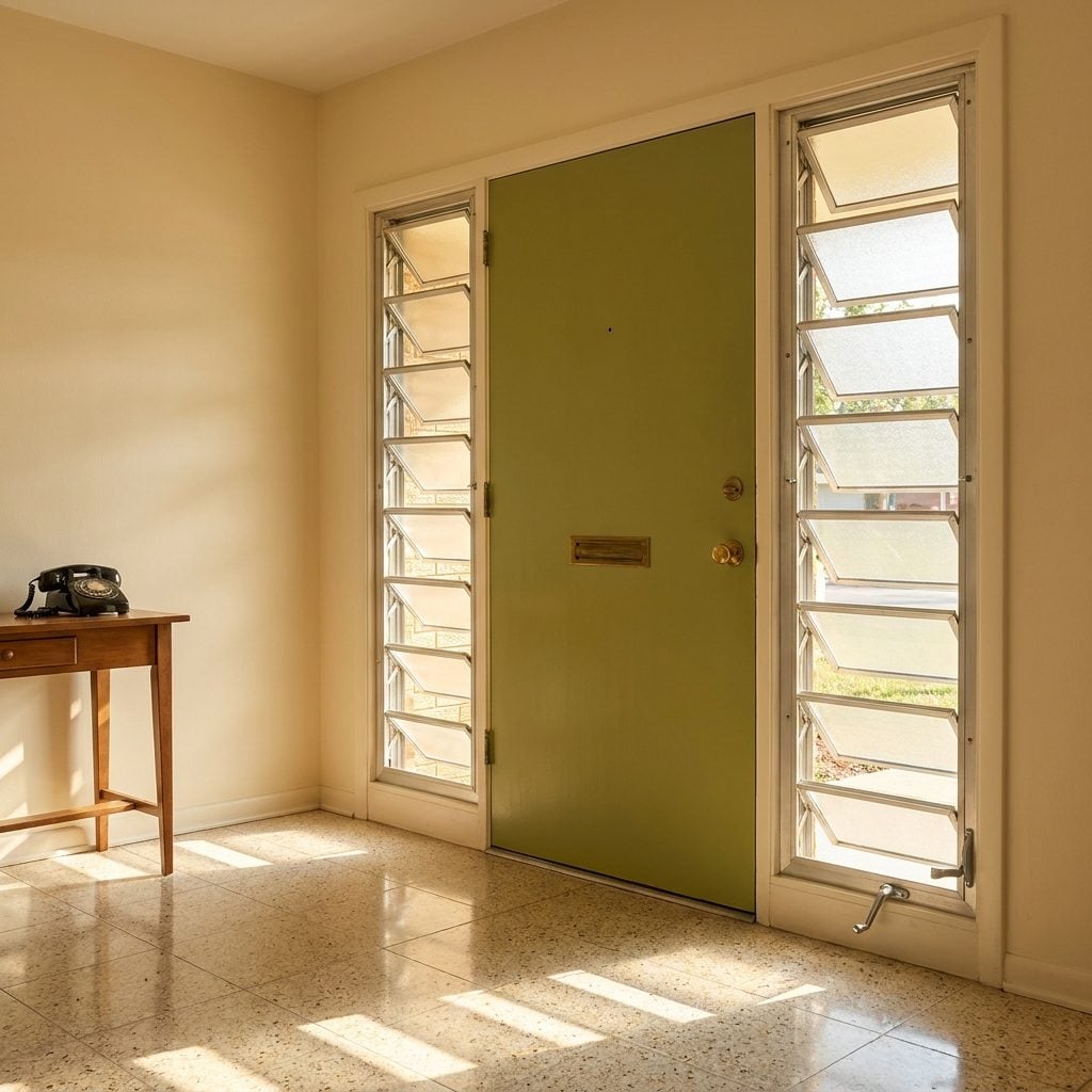 Louvered Jalousie Windows Flanking the Front Door Like Glass Venetian Blinds