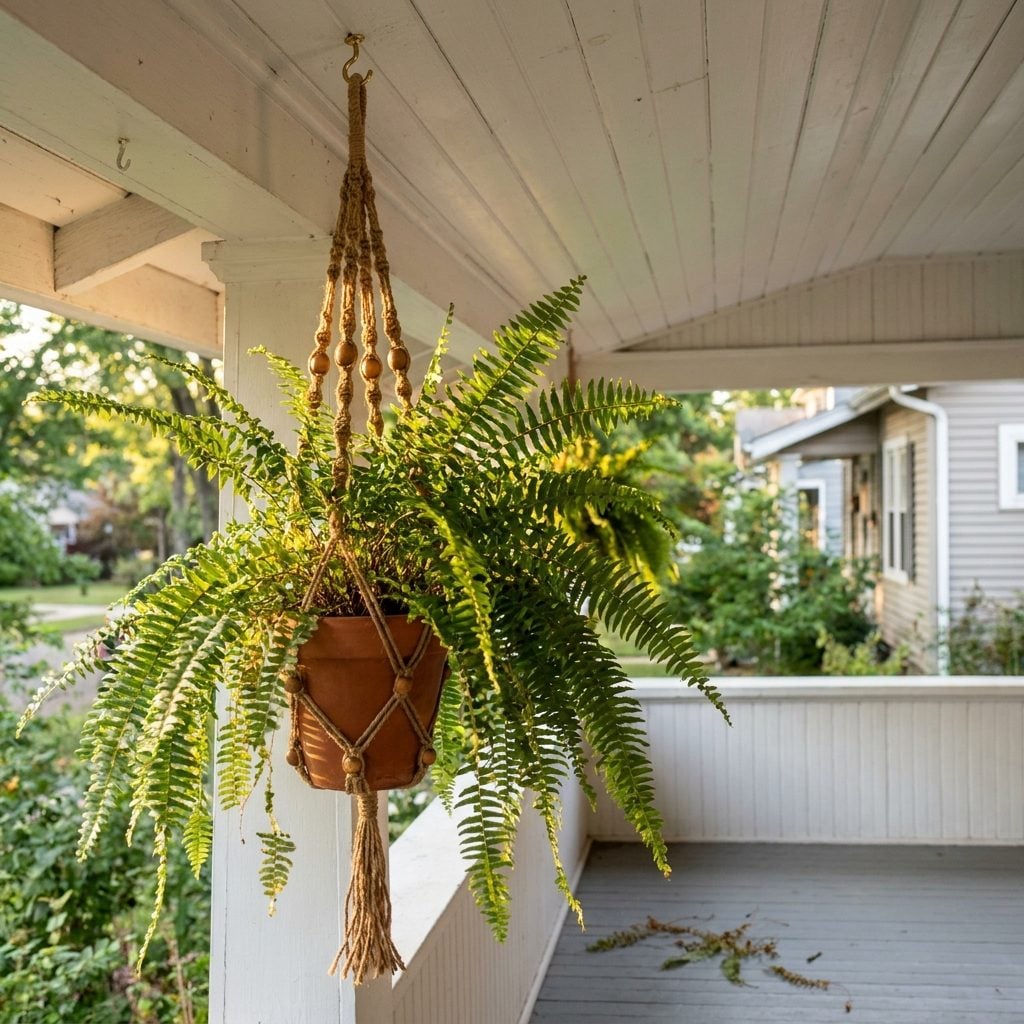 Hanging Macramé Plant Holders With Ferns Spilling Over the Edges