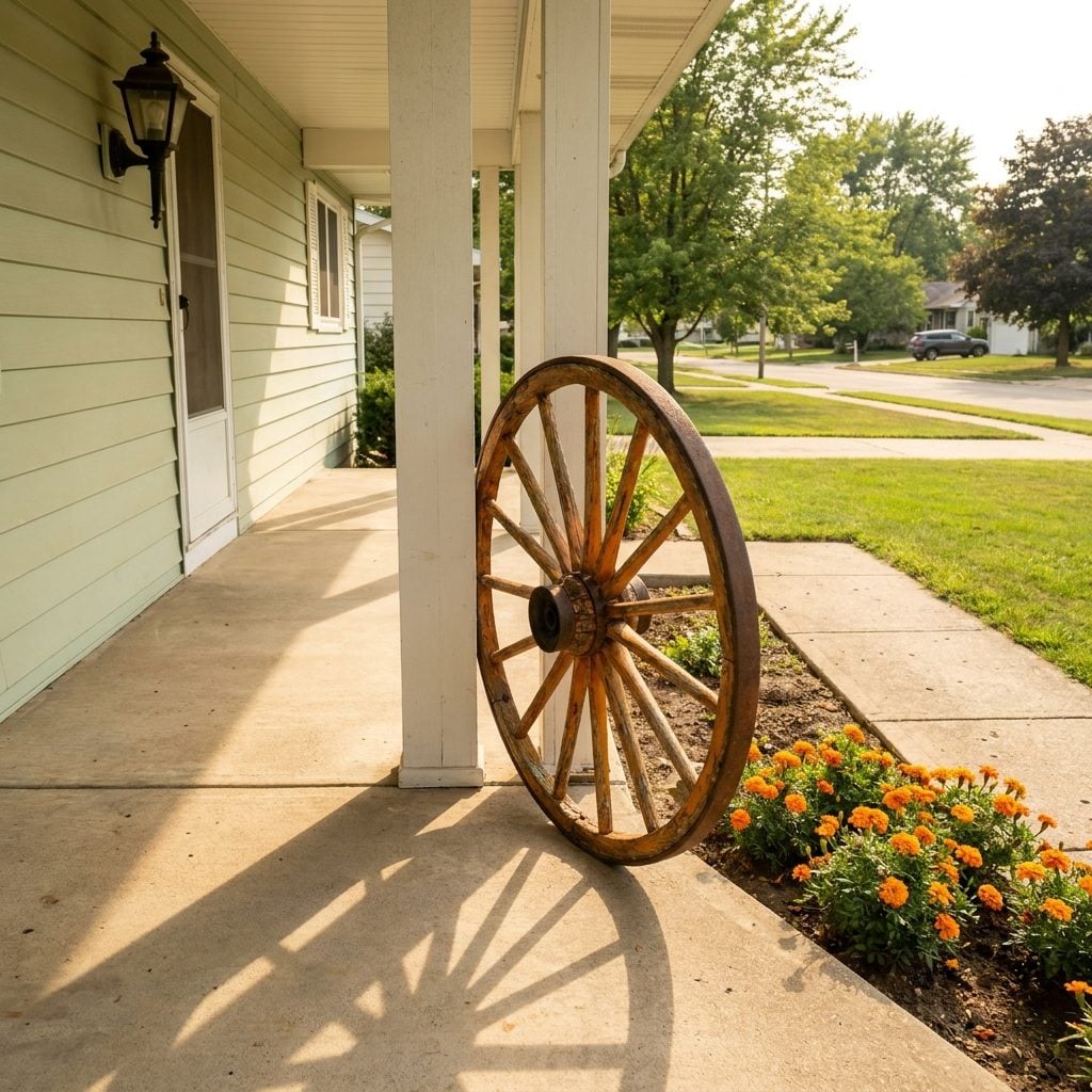 The Decorative Wagon Wheel Leaning Against the Porch Post Like It Belonged There