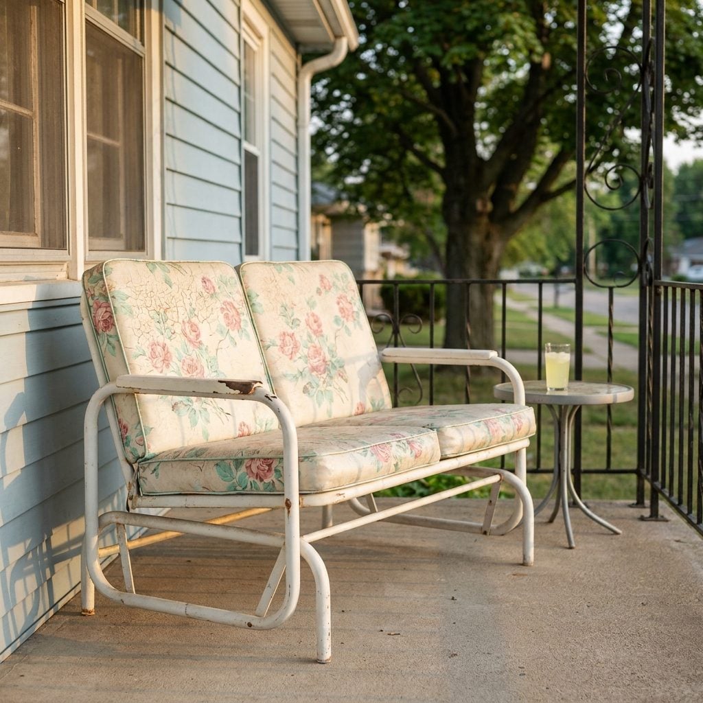Metal Glider Benches With Floral Vinyl Cushions That Squeaked With Every Push
