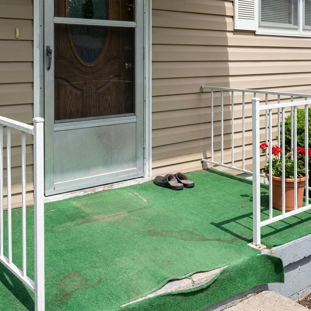 Indoor-Outdoor Green Carpeting Over Concrete, Because Apparently Porches Needed Wall-to-Wall Too
