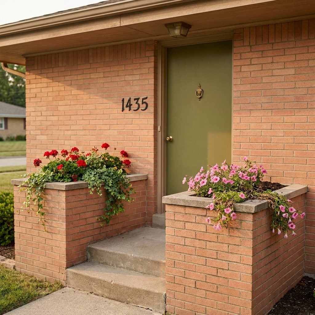 Built-In Brick Planter Boxes Flanking the Front Door Like Tiny Fortresses
