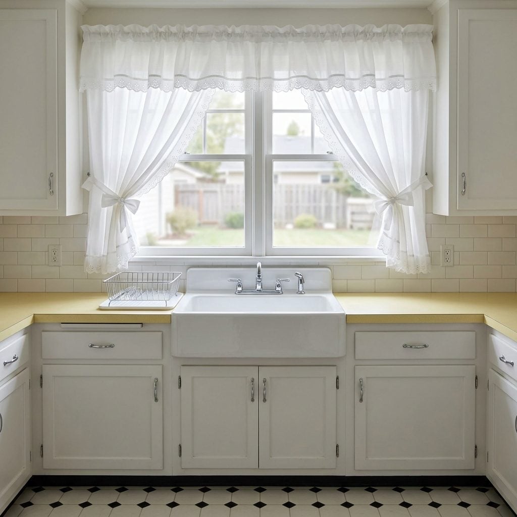 Cafe Curtains or Ruffled Priscilla Curtains Hung Over the Kitchen Sink Window