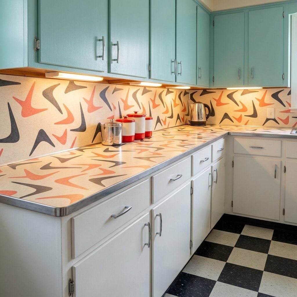 Decorative Laminate Backsplashes in Bold Boomerang and Atomic Patterns
