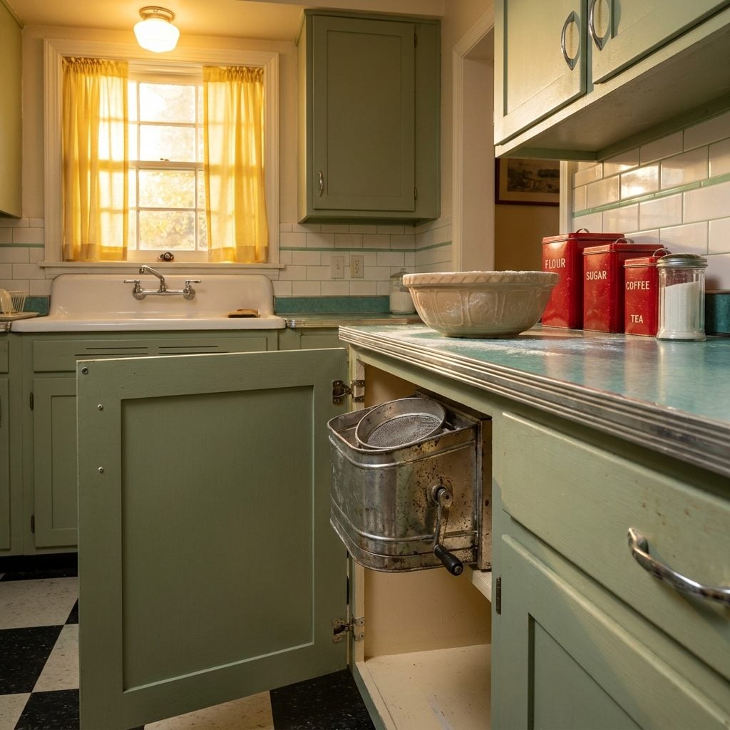Built-In Flour Sifters and Sugar Bins Hidden Inside the Cabinets