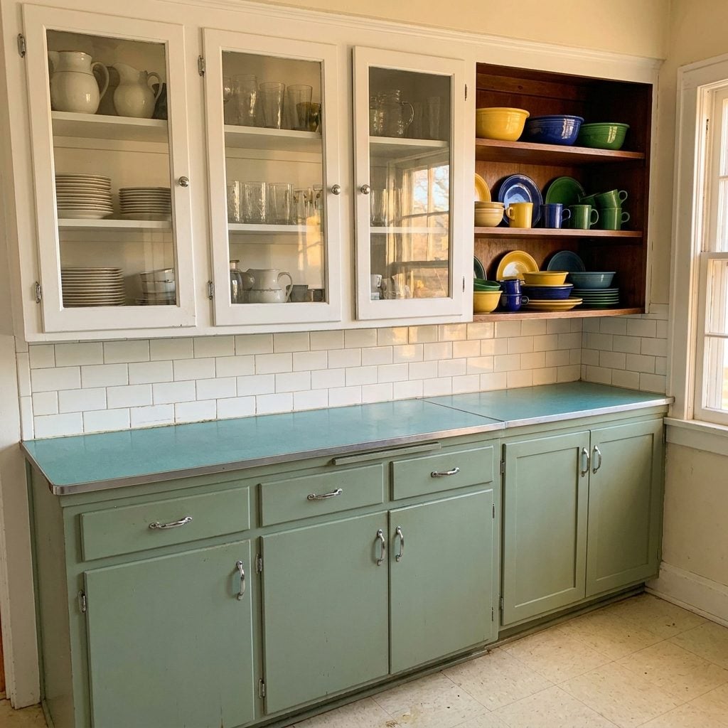 Open Shelves and Glass-Front Cabinets Showing Off the Good Dishes