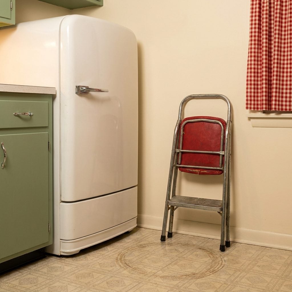 The Metal Step Stool With a Vinyl Seat Folded Into the Corner