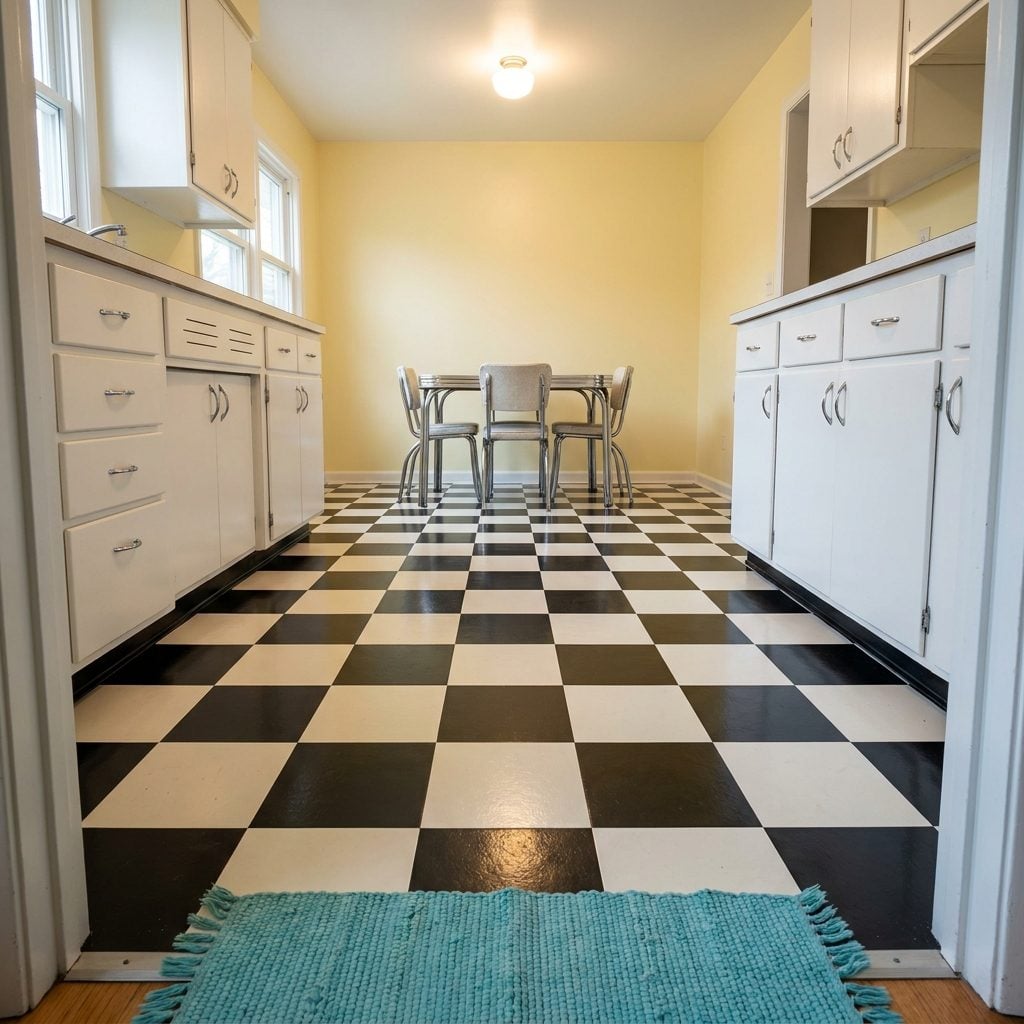 Checkerboard and Speckled Linoleum Flooring That Was Basically Indestructible