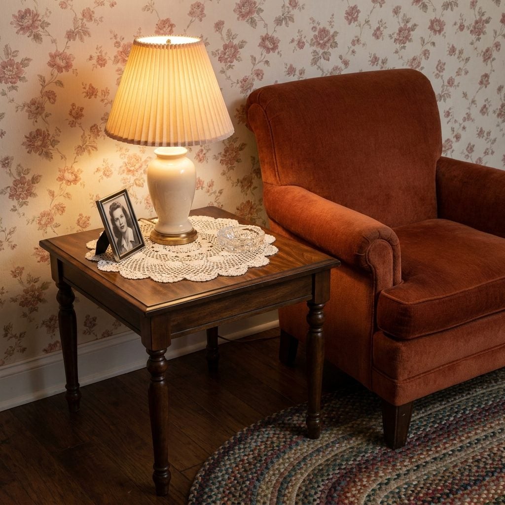 End Tables Topped With Doilies and a Very Deliberate Arrangement of Decorative Accents