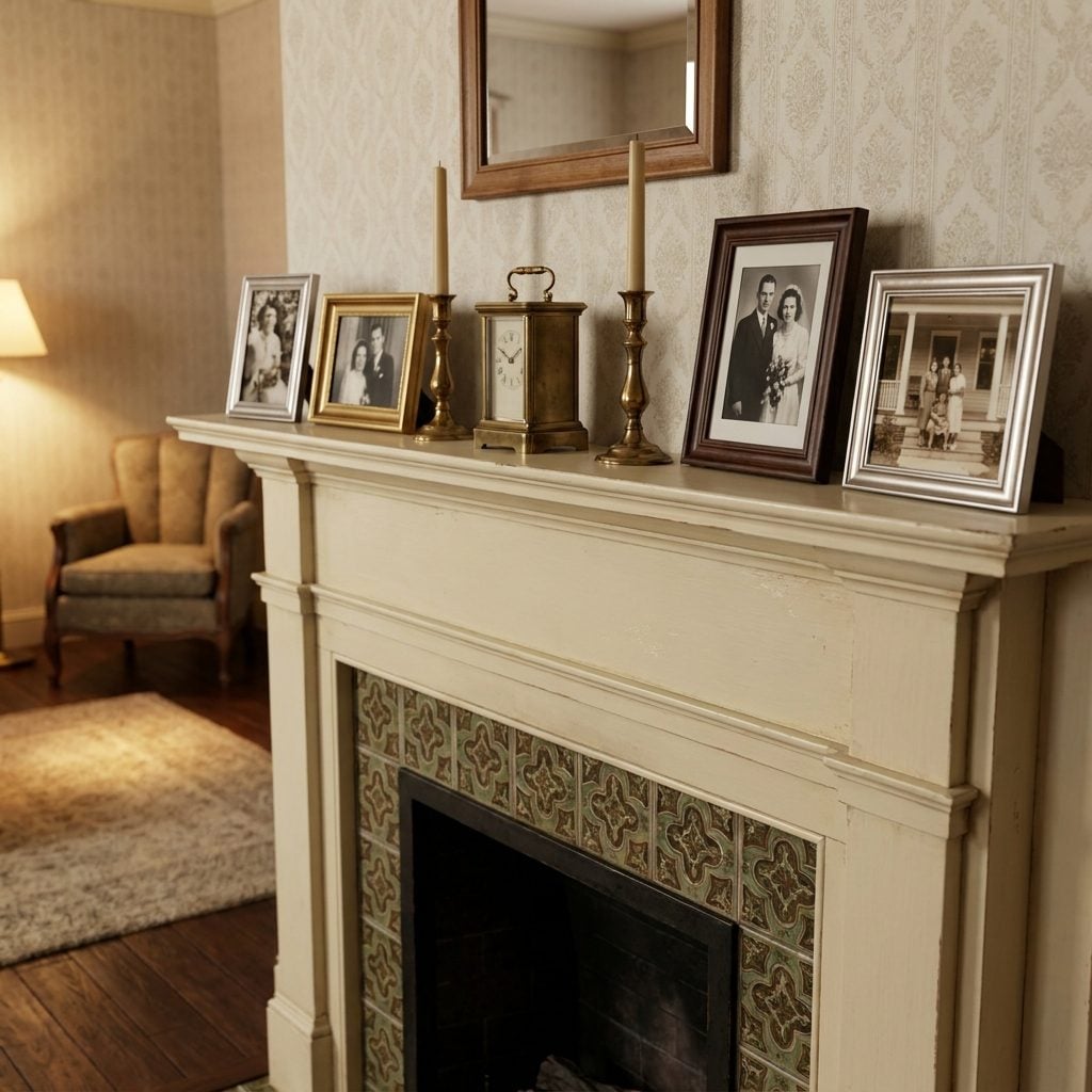 Wood Mantels Arranged With Framed Family Photographs Like a Formal Gallery