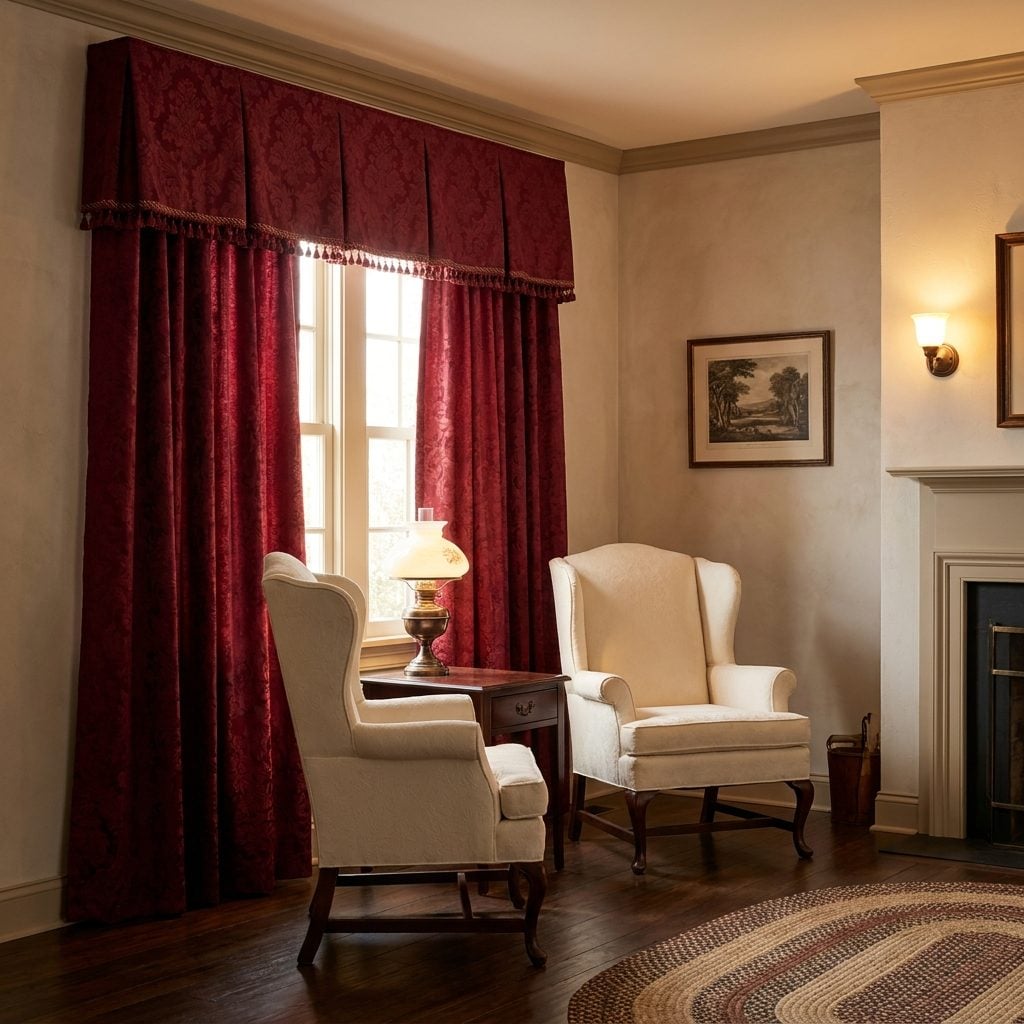 Damask and Brocade Drapery With a Valance Across the Top