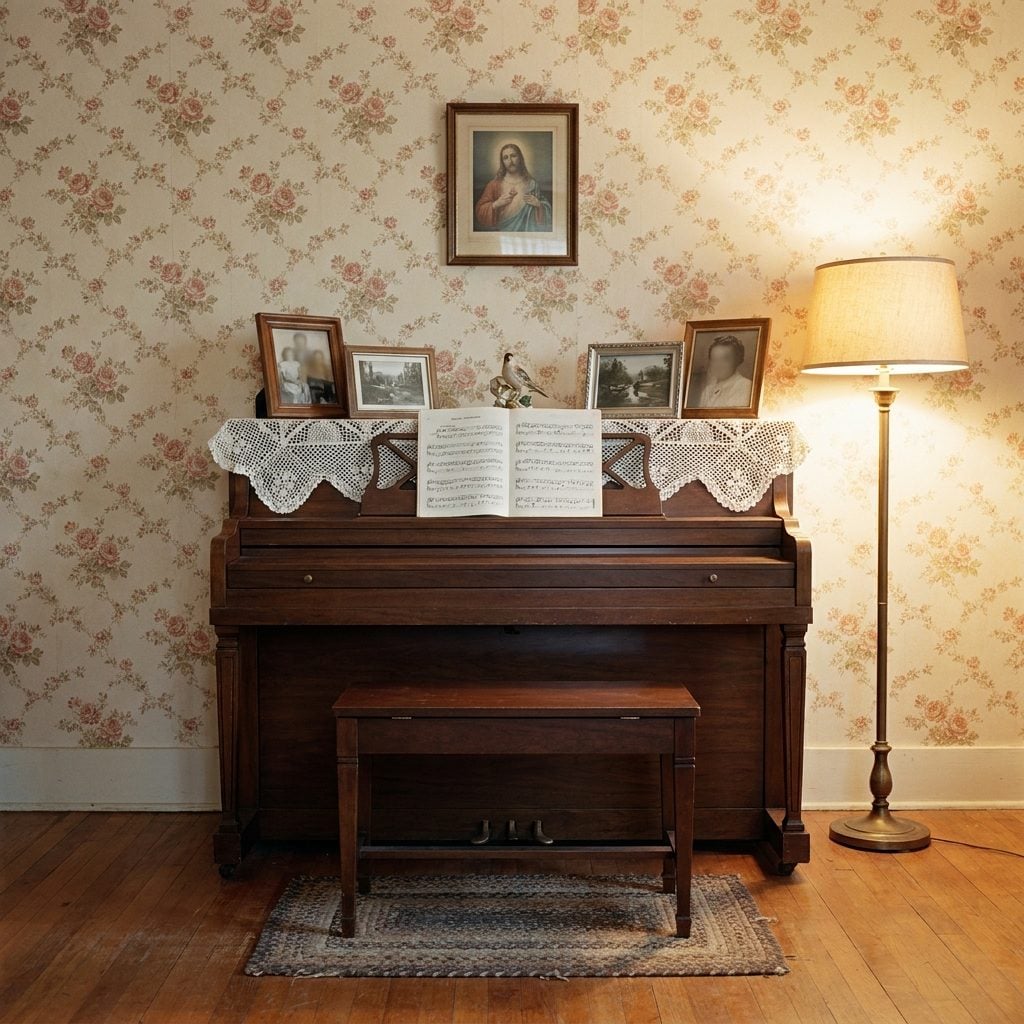 Upright Pianos Topped With Lace Runners and Framed Family Photos
