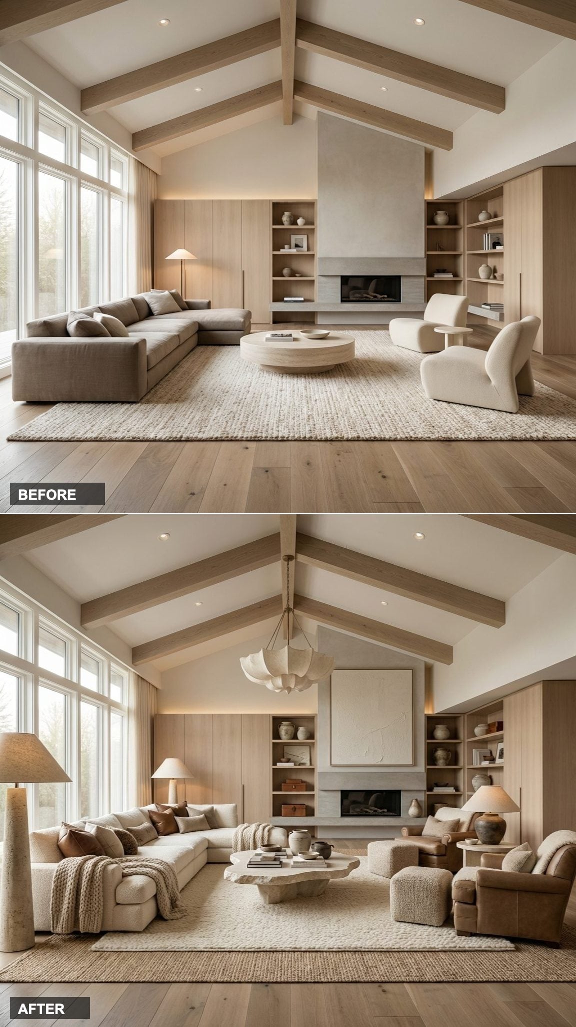 Popcorn Ceiling and Sad Sectional to a Warm Nordic-Japanese Sitting Room