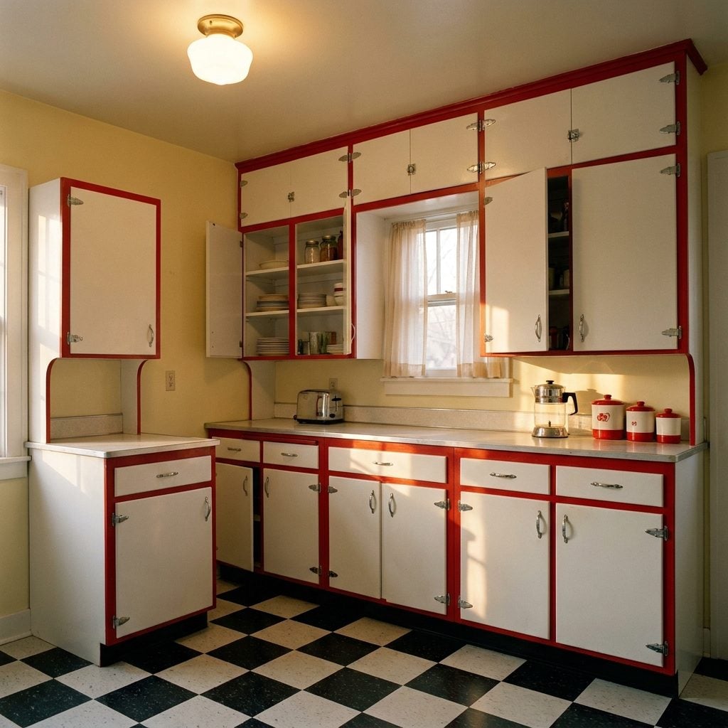 Enameled Steel Cabinets in White with Red or Black Trim