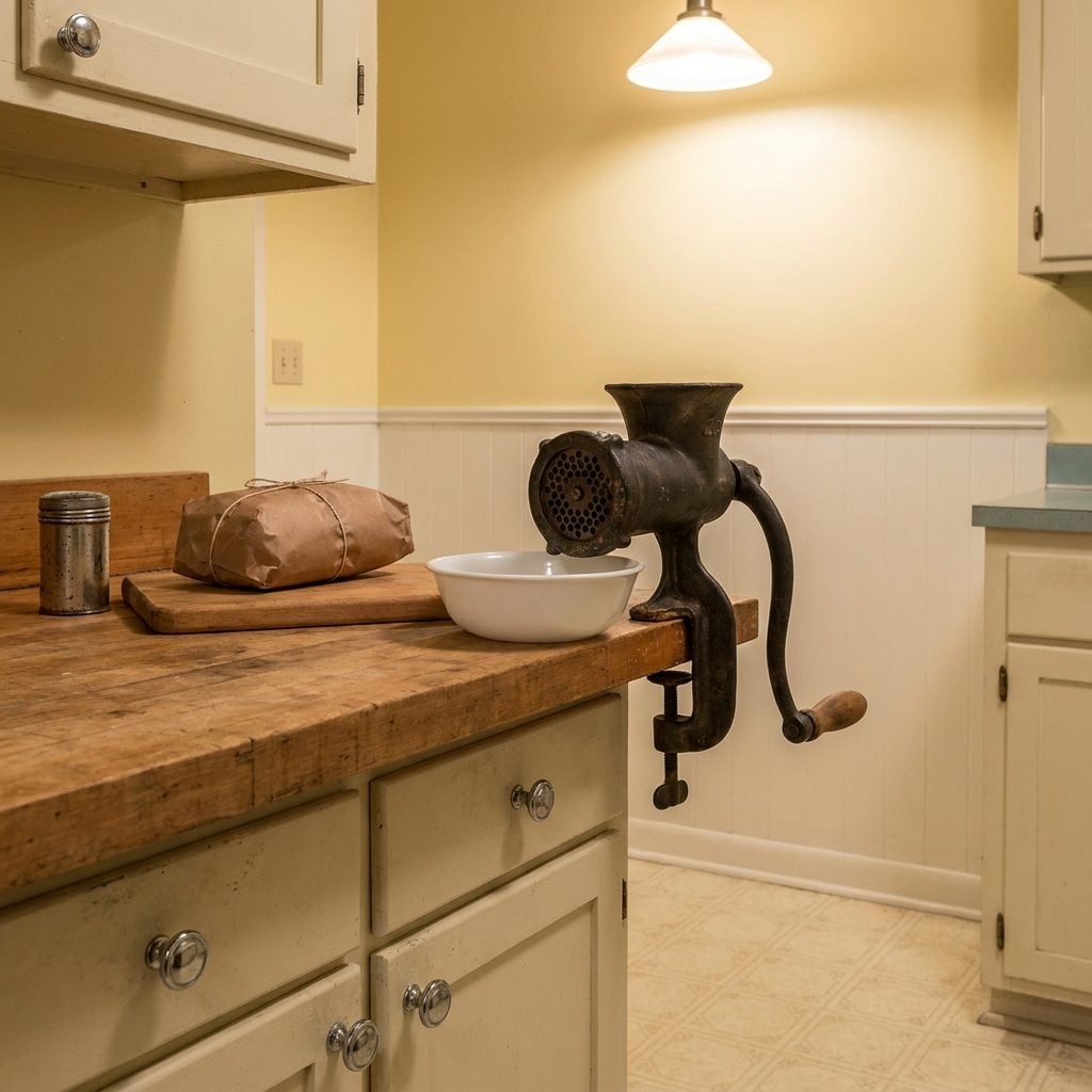 The Hand-Cranked Meat Grinder Clamped to the Edge of the Counter