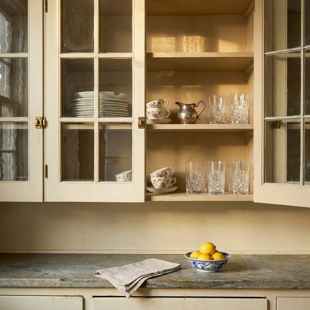 The Glass Cabinets Are Showing Off Chipped Plates, Not a Pottery Barn Set