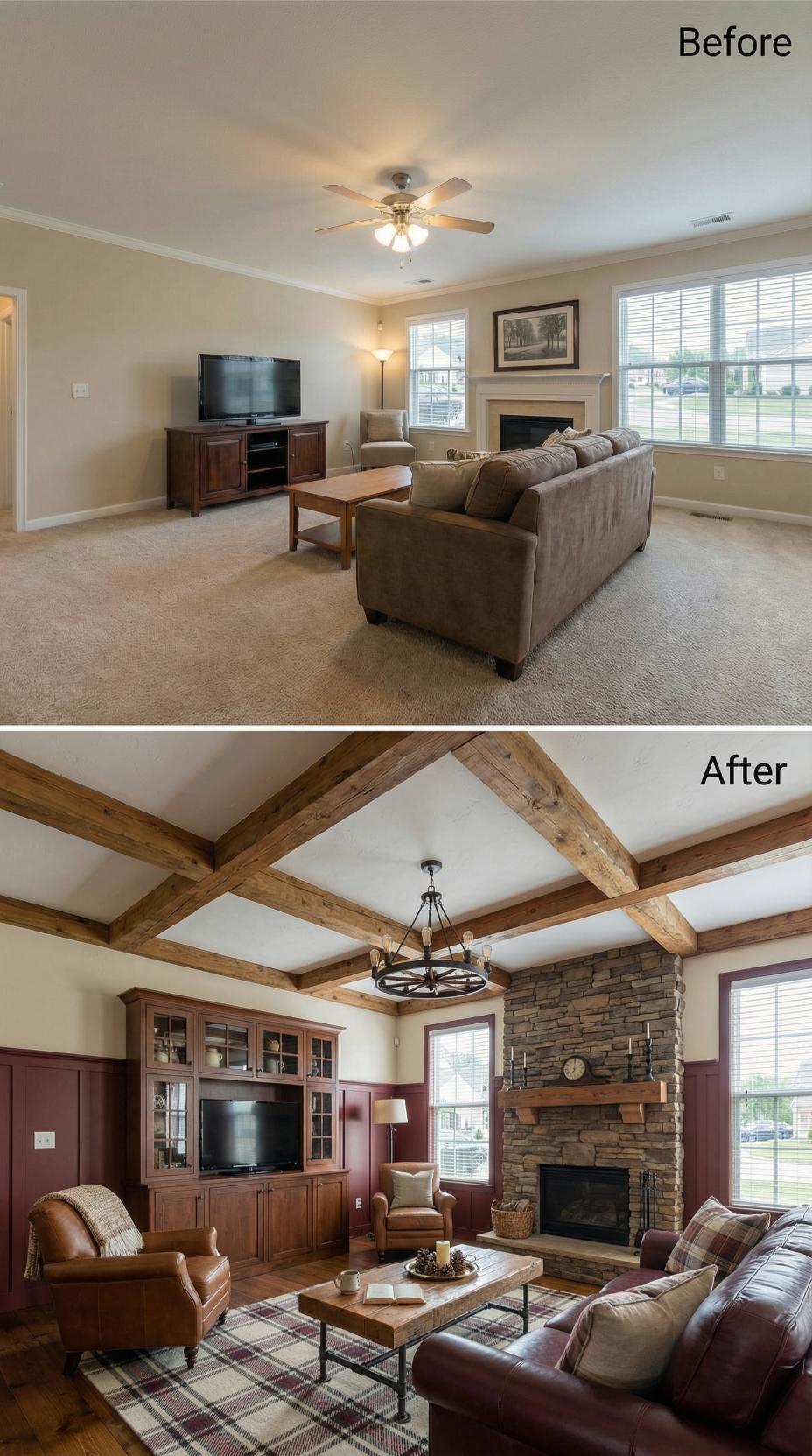 Reclaimed Wood Ceiling Beams and a Stacked Stone Fireplace Do All the Heavy Lifting