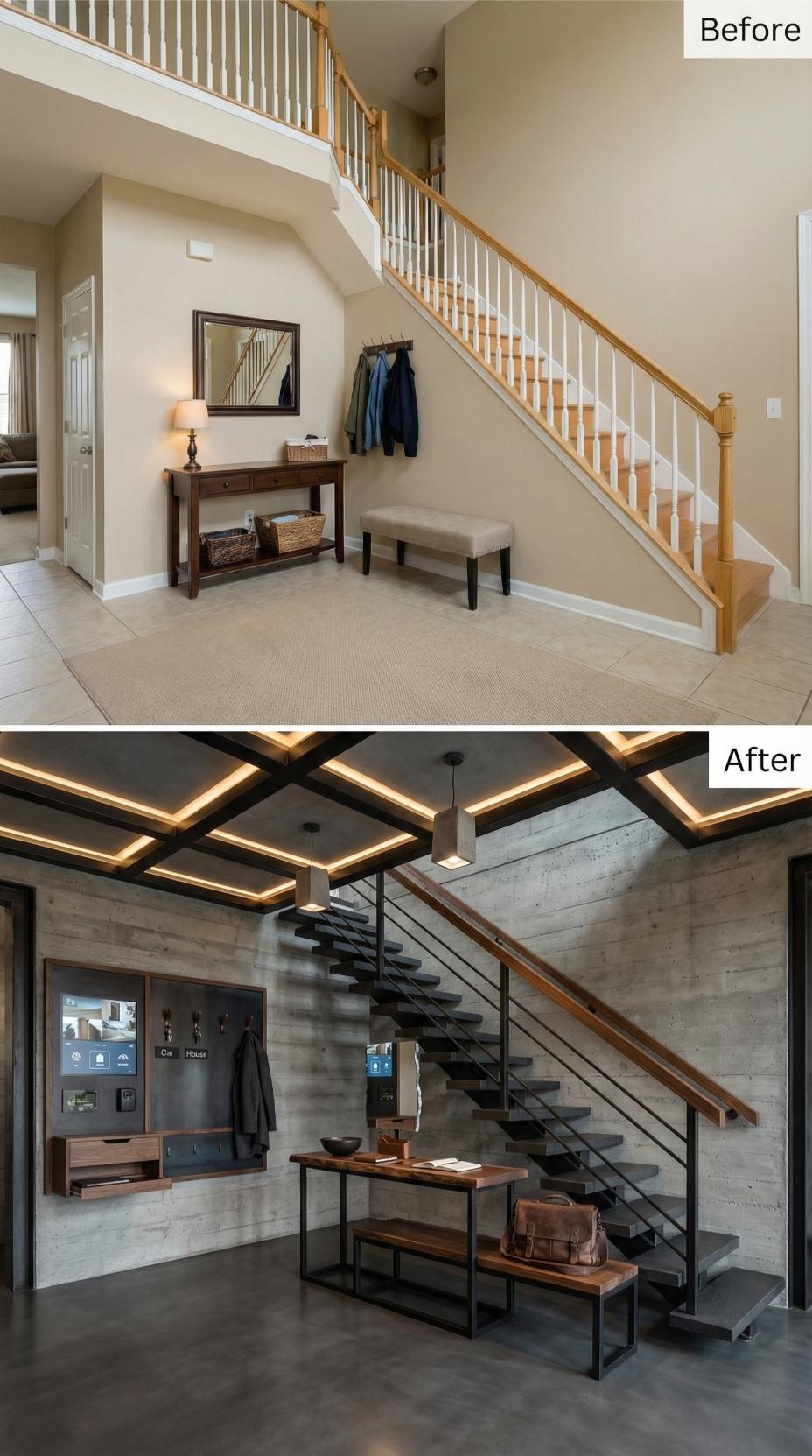Concrete Walls, Cable Balusters, and a Smart Home Panel Replace Oak and Beige