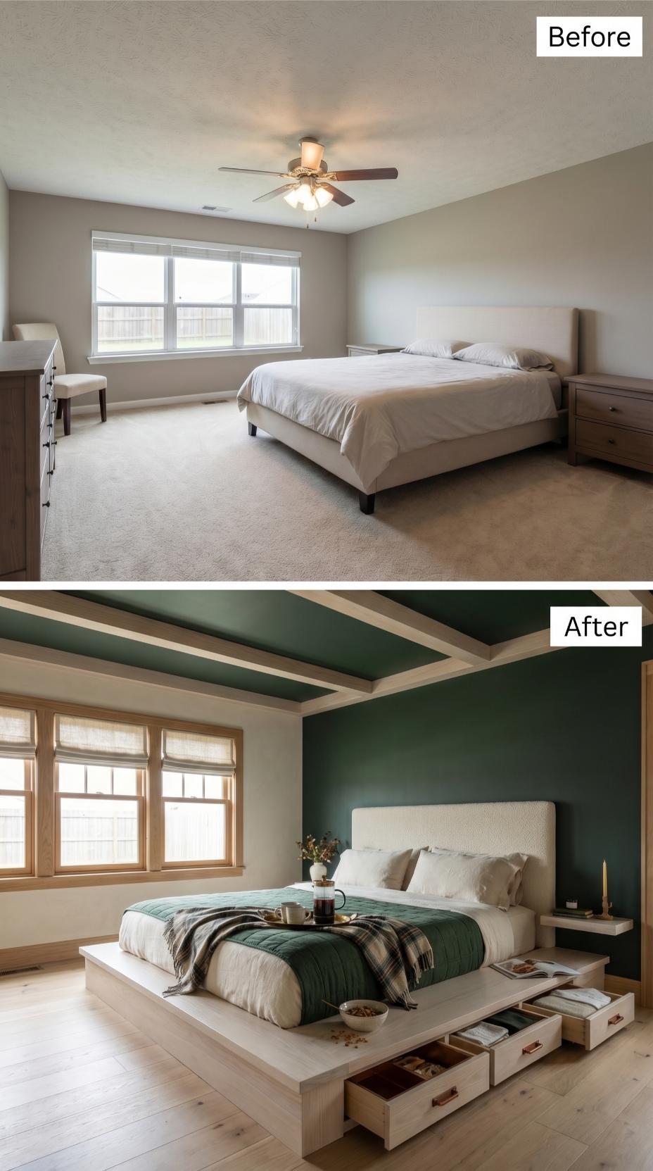 Forest Green Accent Wall and Platform Bed With Storage Drawers Replace Beige Carpet