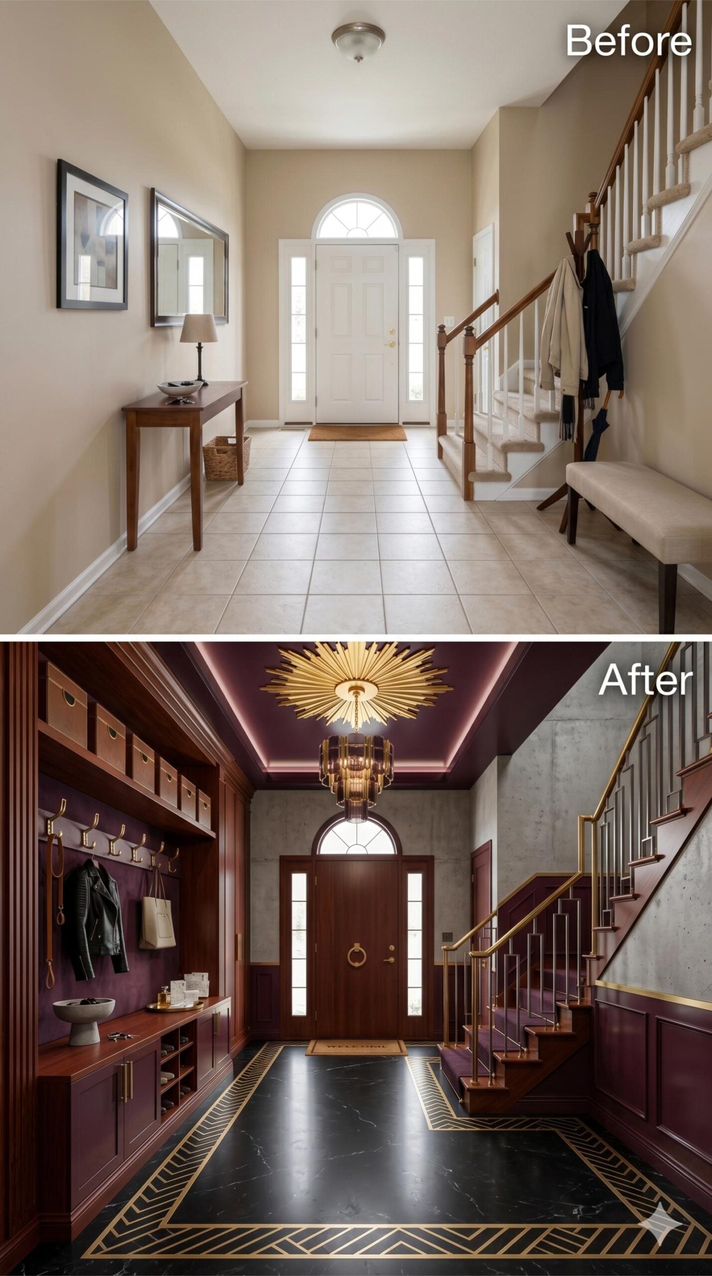 Burgundy Wainscoting and Gold Inlay Marble Give This Foyer Full Art Deco Authority