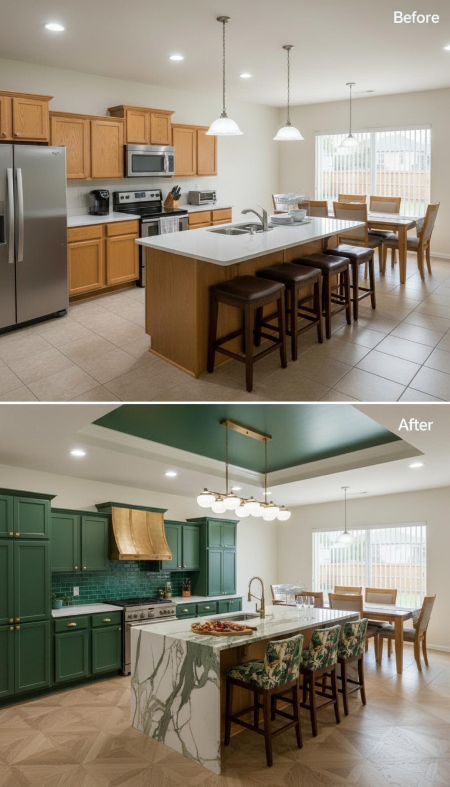 Forest Green Cabinets, a Wood Range Hood, and Marble Waterfall Island Walk Into a Kitchen
