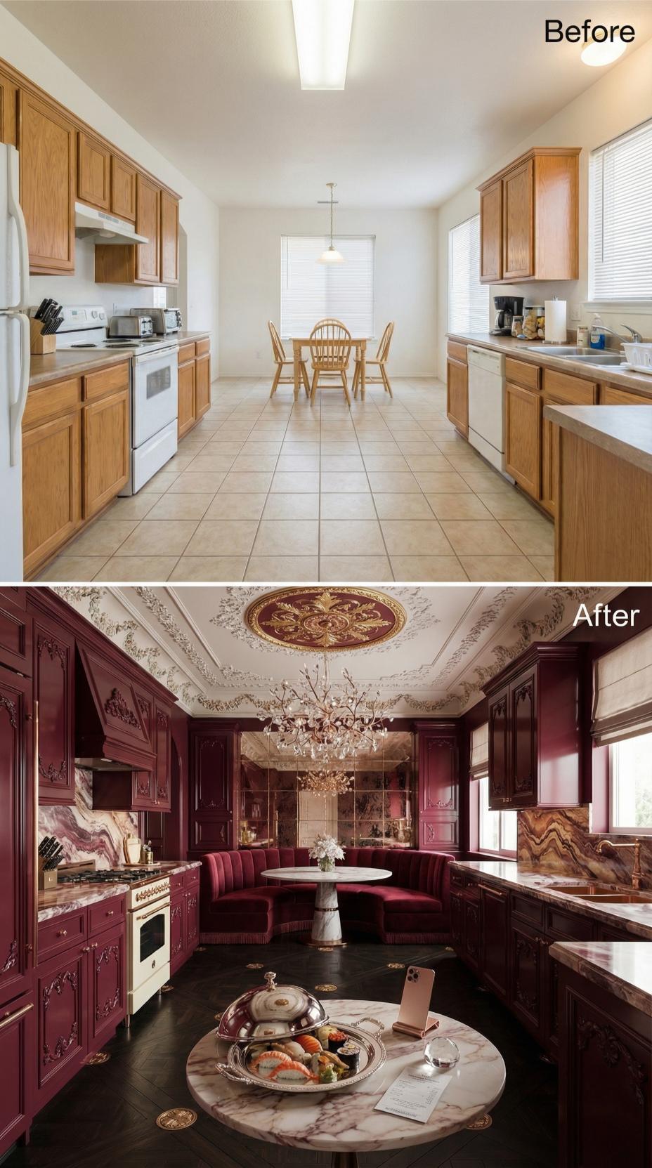 Burgundy Lacquer and Plaster Ceiling Medallions Buried the Builder Oak Completely